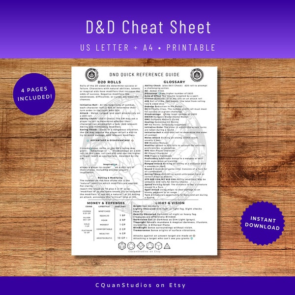 DND Cheat Sheet, DM Cheat Sheet, DnD Player Guide, 5e, Quick Reference Guide, D&D Dungeon Master, Digital Download, Printable, A4, US Letter