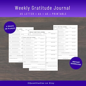 Diario de gratitud de 28 días, desafío de 28 días, diario de gratitud semanal, imprimible digitalmente, tamaño A4, tamaño A5, tamaño carta de EE. UU., descarga instantánea