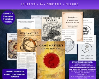 May include: A selection of printable campaign resources for tabletop role-playing games. The image displays several booklets and sheets, including "Game Master's Campaign Journal" and "Murder on the Skyrail." The color palette is mainly beige, brown, and red.