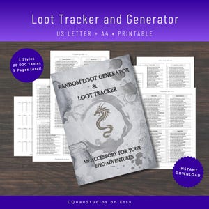 May include: A printable loot tracker and generator for role-playing games. The cover features a dragon and the text "Random Loot Generator & Loot Tracker". It also says "An accessory for your epic-adventures".