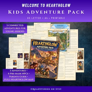 Puede incluir: Un pack de aventuras imprimible Hearthglow para niños con tres aventuras conectadas, seis PNJ prefabricados, una guía para padres y un mapa completo. La portada muestra un carro fantástico tirado por un dragón, con texto A4.