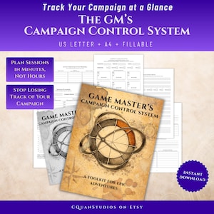 May include: A promotional image for "The GM's Campaign Control System." The design features a vintage-style cover with the text "Game Master's Campaign Control System" and a compass rose illustration. Additional text includes "US Letter + A4 + Fillable."