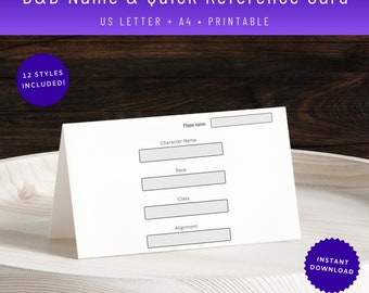 DnD Character Name Card: Quick Reference Sheet (Digital Download)