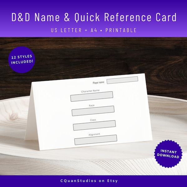 DnD Character Name Card: Quick Reference Sheet (Digital Download)