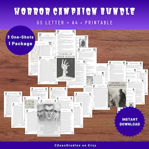May include: A collection of printable horror campaign materials, including three one-shot adventures. The bundle features the titles "Shadows of the Shifting Hunt", "Echoes at Ember Hollow", and "Lanterns of the Witherwood". The text "Horror Campaign Bundle" is at the top.