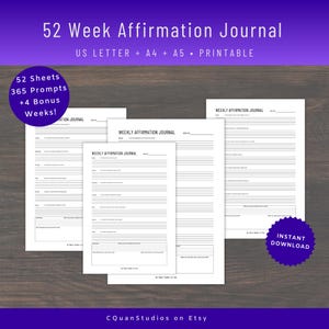 52 Wochen Affirmation Tagebuch, 365 Tage, täglichen Prompt, wöchentlich Affirmation Tagebuch, digital bedruckbar, a4, a5, US Letter, Instant Download