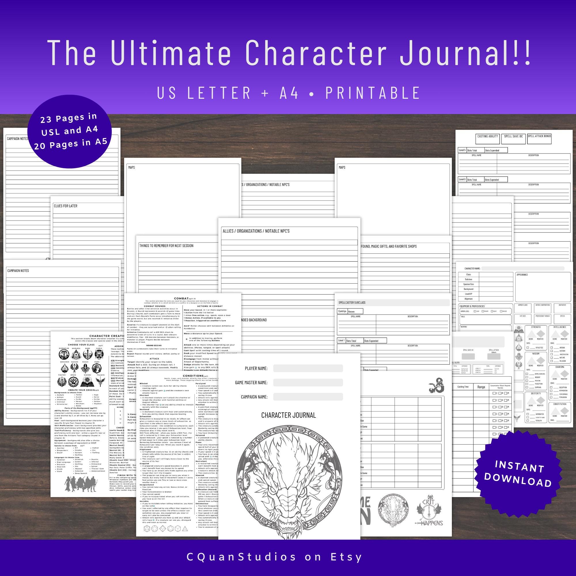 dnd character journal printable 5e, 2024 character sheet, DM tools, quick reference guide, campaign tracker, PDF template, a4, a5, US Letter