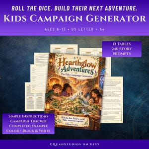 Könnte beinhalten: Ein digitales, druckbares Set mit dem Titel Hearthglow Adventures: The Kids Campaign Generator, das 12 Tabellen und 240 Story-Prompts enthält. Das Cover zeigt vier Kinder, die ein Tischrollenspiel mit einem Drachen spielen.
