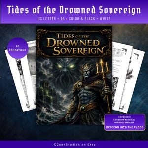Peut inclure: Couverture de livre fantastique intitulée "Tides of the Drowned Sovereign" avec une illustration sombre d'une créature marine et d'une figure avec un trident. Comprend le texte "US LETTER + A4 • COLOR & BLACK + WHITE" et "5E COMPATIBLE".