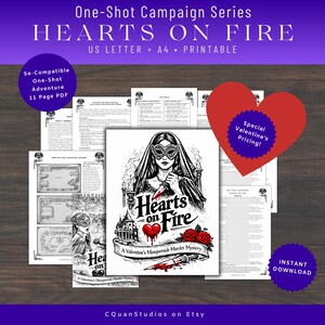 May include: Printable adventure game materials titled "Hearts on Fire." The cover art features a woman in a masquerade mask, with the title and a Valentine's Day theme. Includes a special Valentine's pricing offer and instant download.