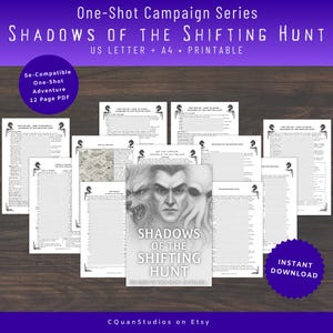 Può includere: Una raccolta di materiali di gioco di avventura stampabili. La copertina centrale del libro presenta un'illustrazione in scala di grigi di un uomo e un lupo con il titolo "Shadows of the Shifting Hunt". Sono visibili anche pagine aggiuntive e un cerchio viola con "Download istantaneo".