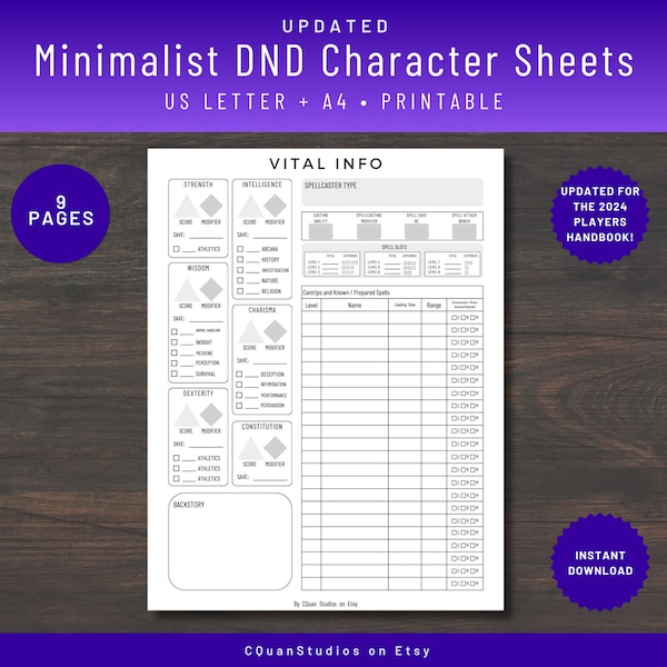 2024 DnD Character Sheet Printable: A4, US Letter (Digital Download)