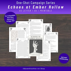 May include: A collection of printable adventure pages titled "Echoes at Ember Hollow." The pages feature text and illustrations in black and white, with a purple banner at the top. The text includes "5e-Compatible One-Shot Adventure 8 Page PDF" and "Instant Download."