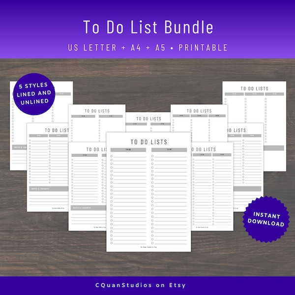 To Do List Printable Pack: A4, A5, US Letter (Digital Download)