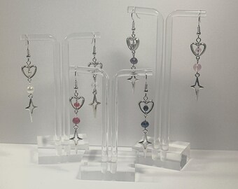 Heart Dangle Earrings | Beaded Jewelry | Grunge Fairycore Style (Gold or Silver)