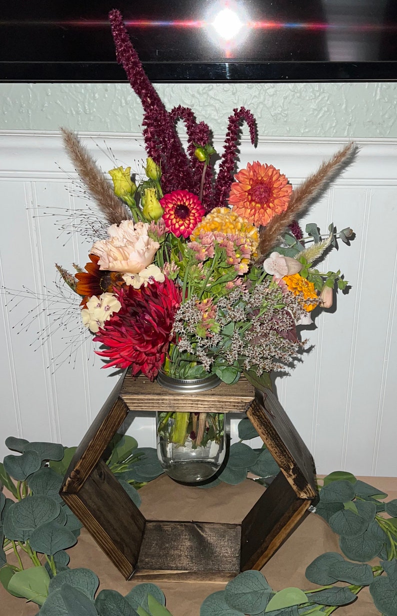 Rustic Wooden Hexagon Centerpiece with Mason Jar image 4