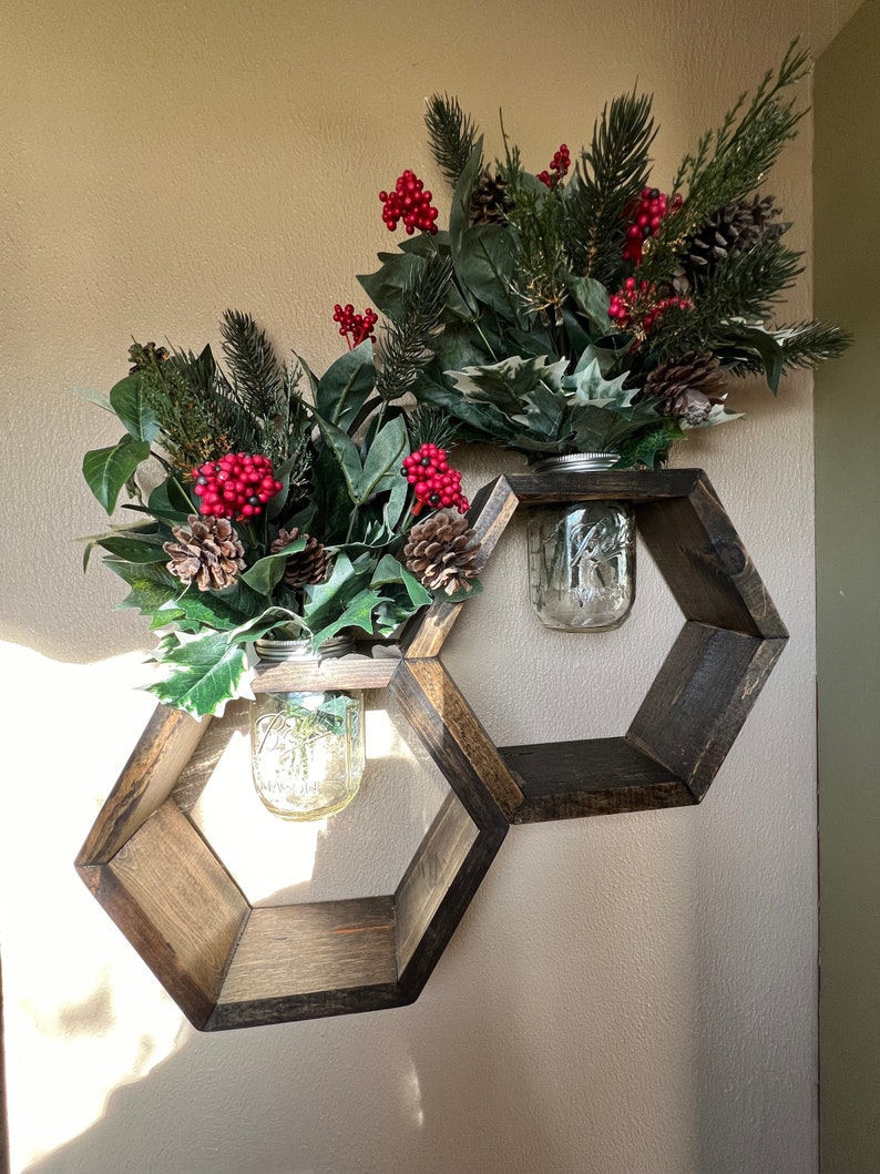 Rustic Wooden Hexagon Centerpiece with Mason Jar image 2