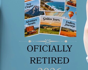 May include: A light blue book cover with the text "Enjoy your next chapter OLIVIA OFFICIALLY RETIRED 2026". The cover includes travel-themed images. The book is held by two hands.