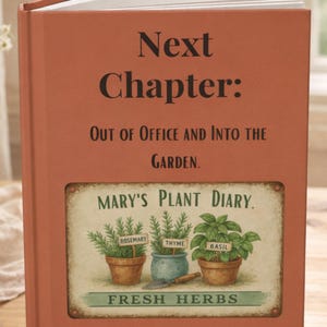 May include: A hardcover journal with a terracotta-colored cover. The cover reads "Next Chapter: Out of Office and Into the Garden." Below is a framed illustration of potted herbs labeled Rosemary, Thyme, and Basil. The journal is open.