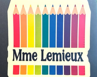 teacher, sticker with name, teacher sticker, enseignant, school, back to school, pencils, personalization, custom made, class
