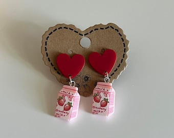 Corazón rojo encantador lindo kawaii coqueta San Valentín fresa leche vaca rosa pendientes plata bucles