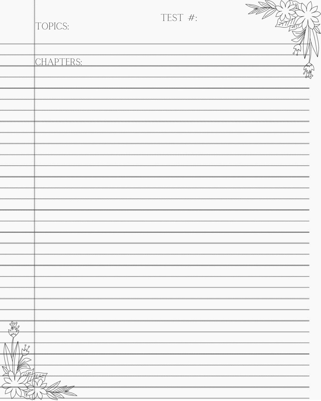 Printable Floral Lined Paper Notes for Students Organize Your Notes by Test, Textbook Chapter