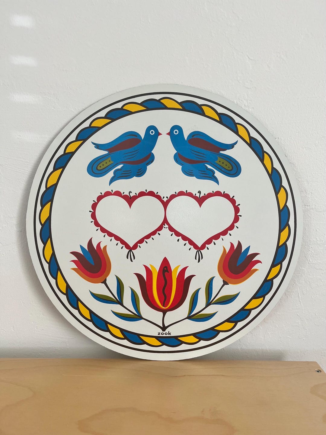 Vintage Pennsylvania Dutch Hex Sign, Two Birds Two Hearts Tulips Folk