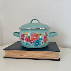 Könnte beinhalten: Ein türkisfarbener Emaille-Topf mit passendem Deckel und silberner Zierleiste. Der Topf ist mit einem Blumenmuster in Rot-, Rosa-, Gelb- und Blautönen verziert. Er hat zwei seitliche Griffe und einen oberen Griff.