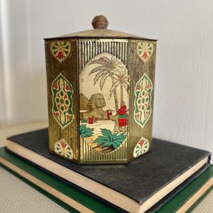 Vintage Octagonal Tin with Egyptian Scenes Pyramids and Sphinx of Giza