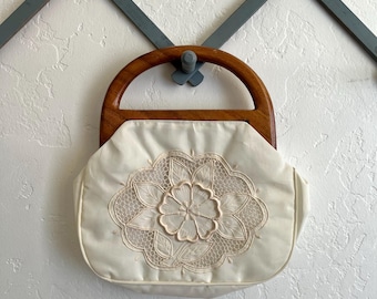 Vintage Cotton Handbag Purse Wooden Handle