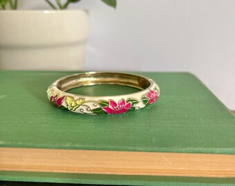 ヴィンテージ中国製ダークブルーホワイト七宝焼き花バングル