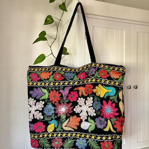 Vintage Black Floral Embroidered Tote Bag