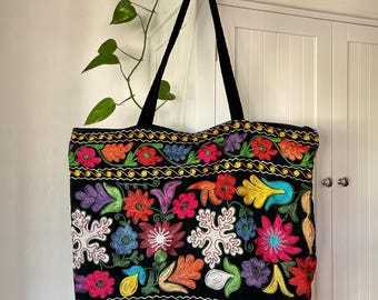 Vintage Black Floral Embroidered Tote Bag