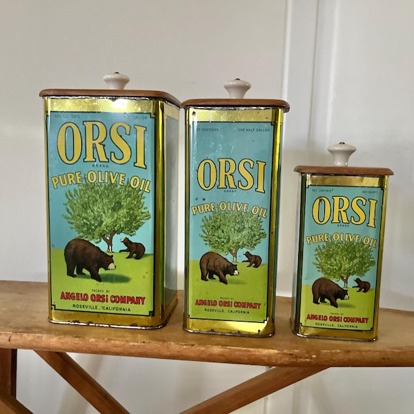 Orsi Olive Oil Set of 3 Tins Wooden Knob Lid Roseville California