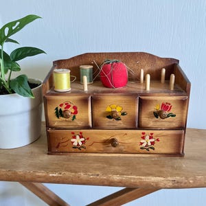 Vintage Wooden Sewing Box with Push Cushion, Japan