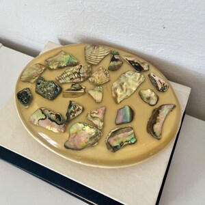 May include: Oval-shaped decorative tray with a golden-yellow surface, adorned with iridescent abalone shell fragments. The shells display a range of colors, including green, blue, and pink. The tray rests on a white and navy blue surface.
