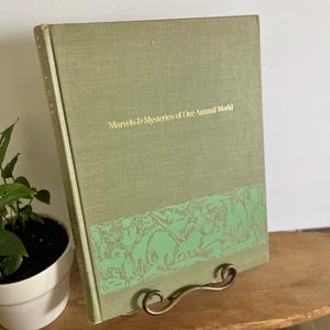 Może przedstawiać: Zabytkowa książka zatytułowana "Marvels & Mysteries of Our Animal World" z jasnozieloną okładką i złotymi literami. Książka zawiera zieloną ilustrację zwierząt. Jest wyświetlana na dekoracyjnym metalowym stojaku.