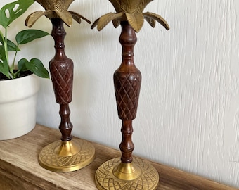 Vintage Set of Palm Tree Brass & Wood Candlestick Holders
