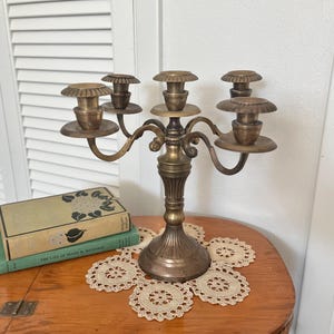 Vintage Mid Century 5-Arm Brass Candelabra Centerpiece