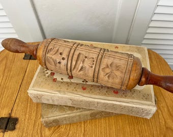 Vintage Springerle Cookie Rolling Pin with Handcarved Designs