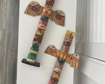 ヴィンテージ手彫り木製トーテムポール：北西部先住民アート（17.6