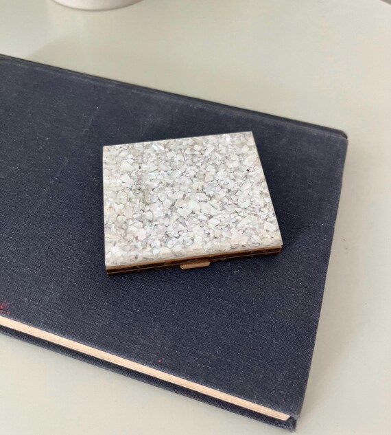 White Iridescent Confetti Lucite Make Up Compact