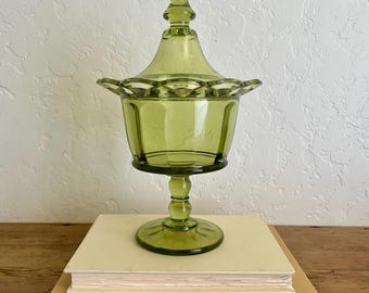 Vintage Imperial Glass Green Pedestal Lidded Candy Dish with Laced Edge