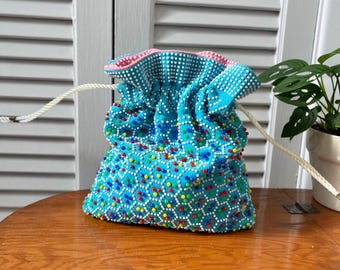 Vintage Beaded Drawstring Pouch Bag