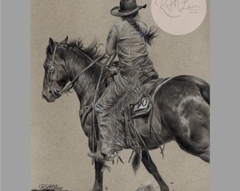 May include: A pencil drawing of a person riding a horse in a rodeo. The rider wears a cowboy hat and chaps. The horse is dark, and the rider is seen from the back. The drawing is signed by the artist.