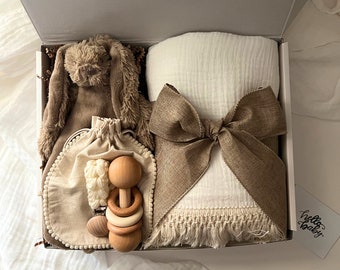 Handmade Crochet Baby Blanket and Wooden Baby Rattle: The Perfect Neutral Gift Set for Baby Showers and New Arrivals
