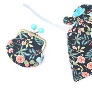 Navy Floral Cotton Drawstring Bag - Kiss Lock Coin Purse: Cosmetic Pouch, Jewelry Pouch