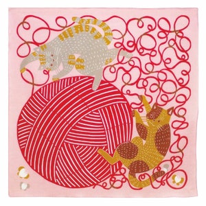 Furoshiki Japanese Wrapping Cloth KATA KATA Cat & Yarn-Reusable Paperless Cute Pink Fabric Gift wrap Bag-Gift for Cat Lover-Lunch Bento Wrap