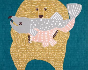 Japanese Furoshiki Wrapping Cloth: KATA KATA Bear & Salmon Organic Cotton, Kids Room Decor