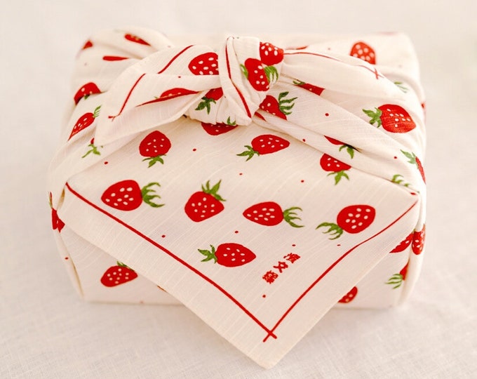 Strawberry Furoshiki Fabric (19.5" Square) : Reusable Gift Wrap - Japanese Lunch Bento Wrap - Knot Bag - Decorative Table Runner